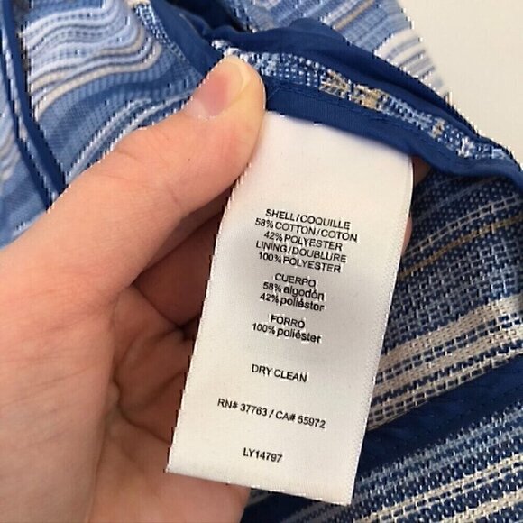 LAUNDRY BY SHELLI SEGAL Blue White Tan Striped Tweed Open Front Blazer Jacket 14 - Picture 8 of 11